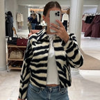 Women Zebra Print Faux Fur Cropped Jacket Lapel Collar Single‑breasted Plush Fuzzy Coat Loose Fit Short Outerwear Fall Winter