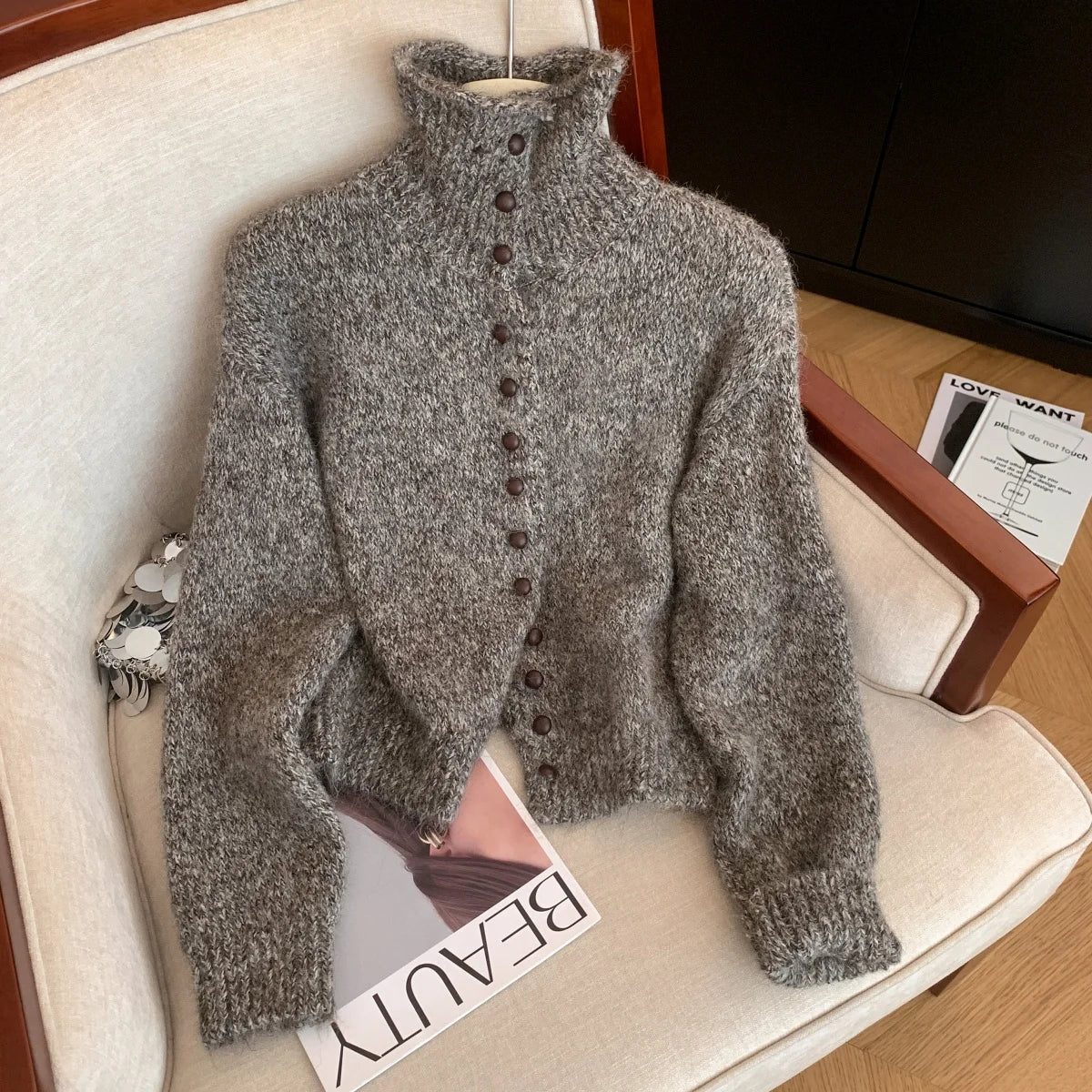 Women's Turtleneck Cardigan Sweater Y2k Vintage 2000s Jumper Knitwear Long Sleeves Korean Soft Cozy Sweater Autumn Winter 2025