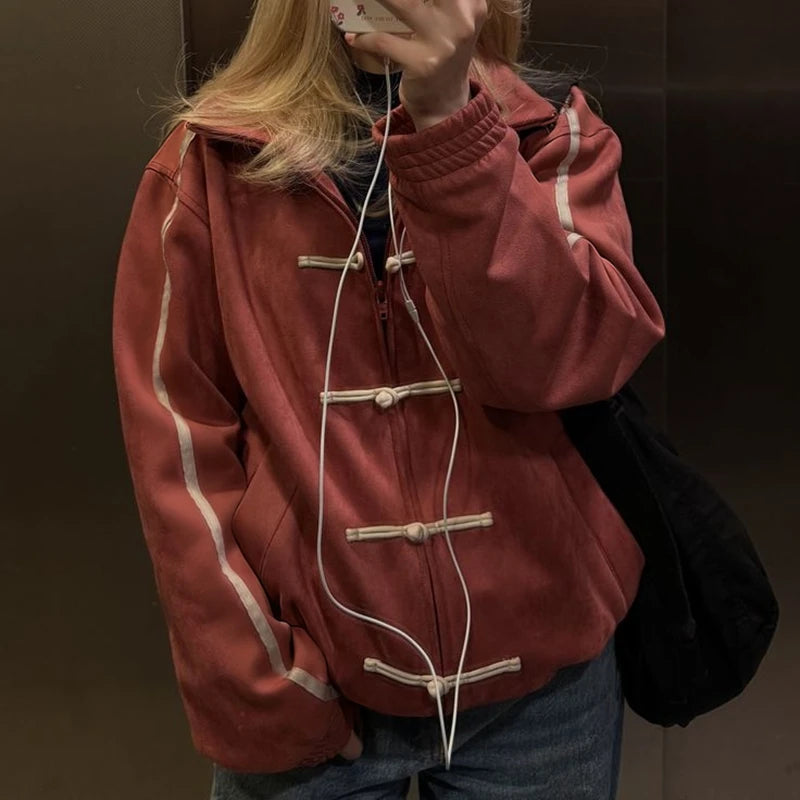 Women's Chinese Frog Button-down Loose Fit Jacket Y2k Vintage Zip Up Sweatshirt Funnel Neck Bomber Jacket Preppy Streetwear