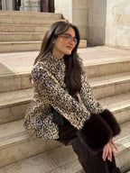 Vintage Faux Fur Cropped Jacket Women Deer Spot Print Stand Collar Dark Fur Cuff Button Up Short Coat Winter Street Outerwear