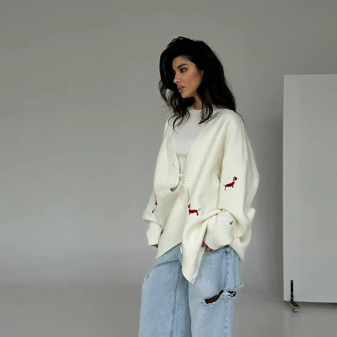 Zekye Cross-border Dachshund Embroidered Sweater Coat For Women Super Loose Soft Lazy Fashionable Knitted Cardigan Outerwear