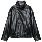 HXAO Faux Leather Black Jackets For Woman New Arrival Cropped Oversize Bomber Jacket Zip-Up Long Sleeve Coats Motorcycle Jackets
