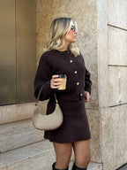 HH Women Skirt Suit Fashion O-Neck Knitted Long Sleeve Single Breasted Pocket Cardigan+Elastic Waist Slim Mini Skirt 3 Color