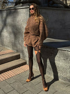 Plaid Coat Short Sets 2 Piece Long Sleeve Lapel Jacket