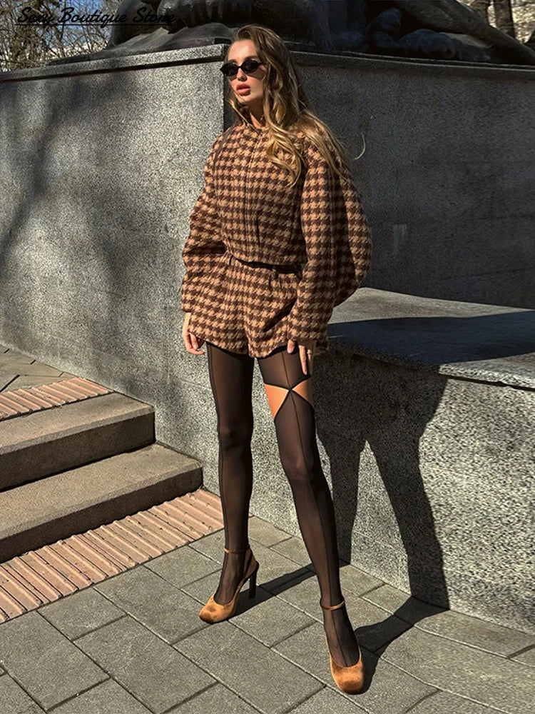 Vintage Brown Women Plaid Coat Short Sets 2 Piece Long Sleeve Lapel Jacket High Waist Slim Fit Short 2025 Lady Fashion Outifits