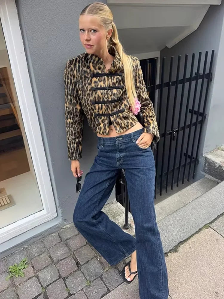 Vintage Leopard Cropped Coat Statement Trendy Faux Fur Spotted Jacket Autumn Casual Chic Fashion Women Street Outfits