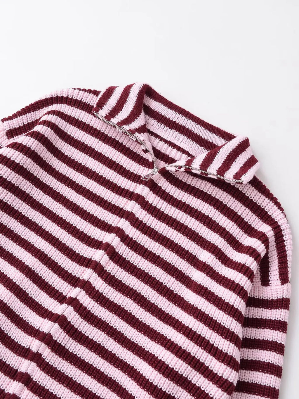2026 New Spring Striped Loose Knit Cardigans Women Casual Turtleneck Zip-up Pink Sweater Coat Women Knitwear Streetwear