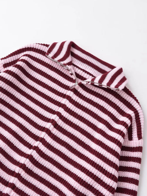 2026 New Spring Striped Loose Knit Cardigans Women Casual Turtleneck Zip-up Pink Sweater Coat Women Knitwear Streetwear