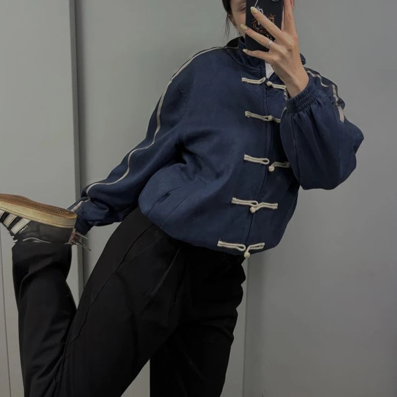 Women's Chinese Frog Button-down Loose Fit Jacket Y2k Vintage Zip Up Sweatshirt Funnel Neck Bomber Jacket Preppy Streetwear