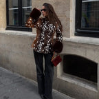 Vintage Faux Fur Cropped Jacket Women Deer Spot Print Stand Collar Dark Fur Cuff Button Up Short Coat Winter Street Outerwear