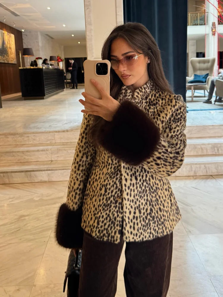 Vintage Faux Fur Cropped Jacket Women Deer Spot Print Stand Collar Dark Fur Cuff Button Up Short Coat Winter Street Outerwear