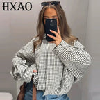 HXAO Plaid Bomber Jacket Women's Jacket Spring Autumn 2026 Crop Oversized Long Sleeve Top Casual Zipper Outerwear Outdoor Coats