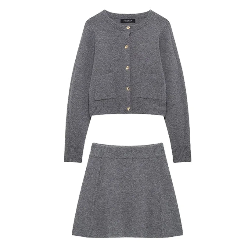 HH Women Skirt Suit Fashion O-Neck Knitted Long Sleeve Single Breasted Pocket Cardigan+Elastic Waist Slim Mini Skirt 3 Color