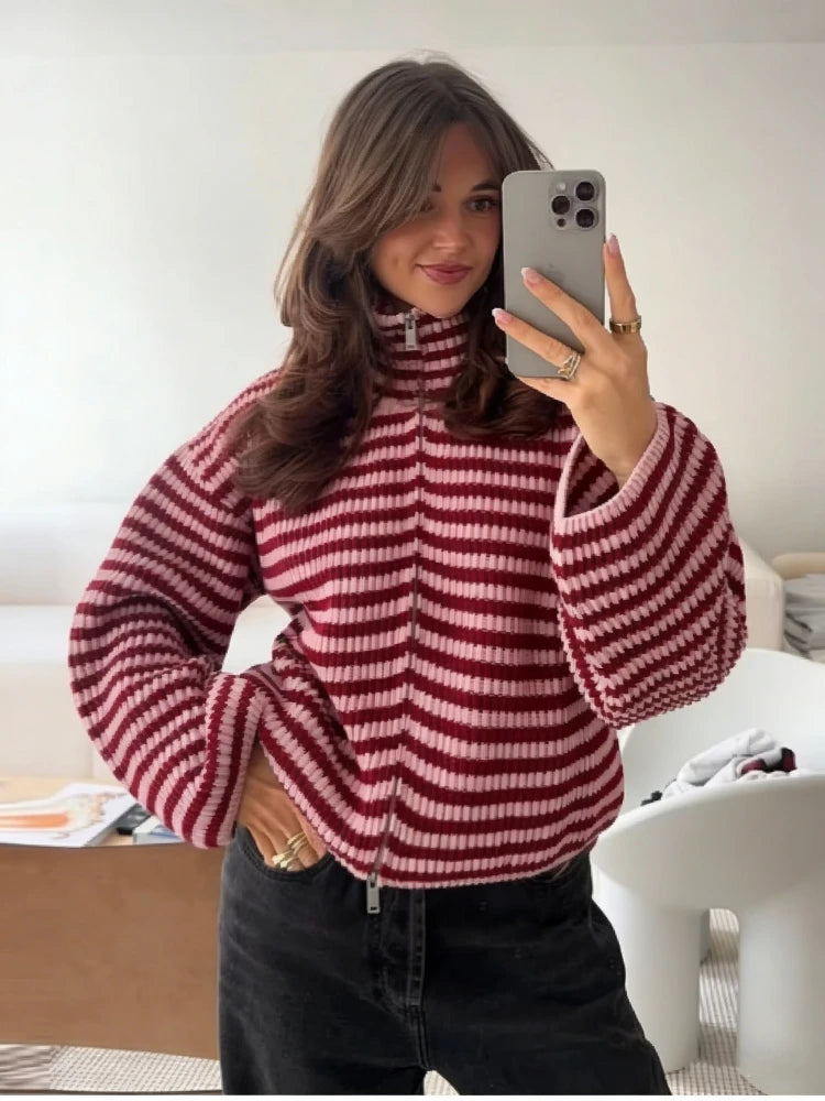 2026 New Spring Striped Loose Knit Cardigans Women Casual Turtleneck Zip-up Pink Sweater Coat Women Knitwear Streetwear