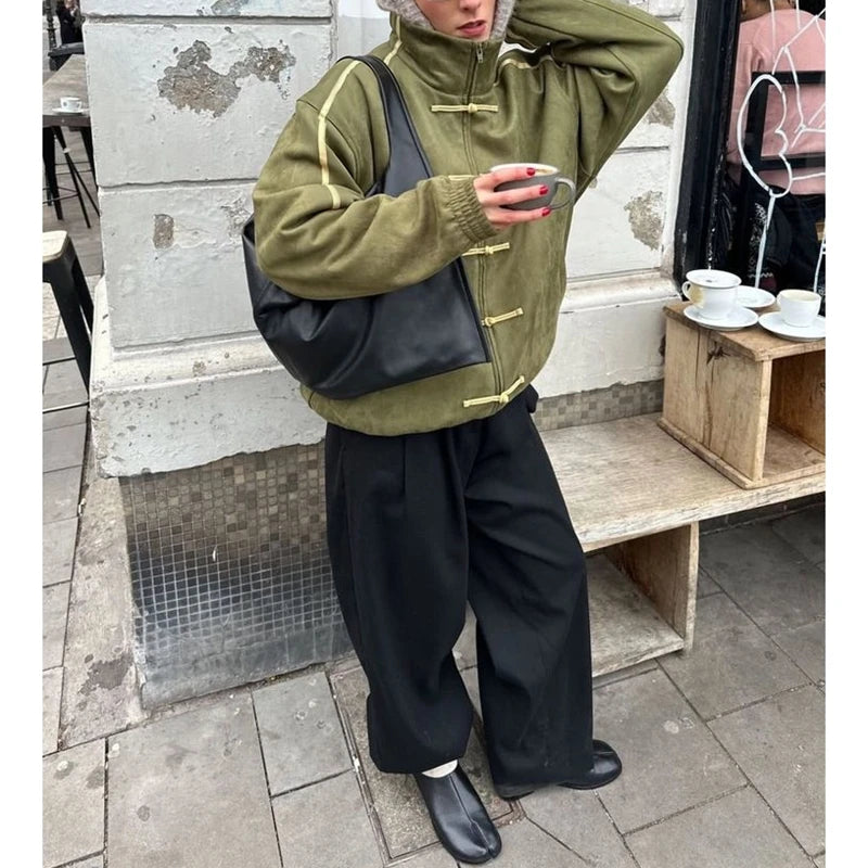 Women's Chinese Frog Button-down Loose Fit Jacket Y2k Vintage Zip Up Sweatshirt Funnel Neck Bomber Jacket Preppy Streetwear