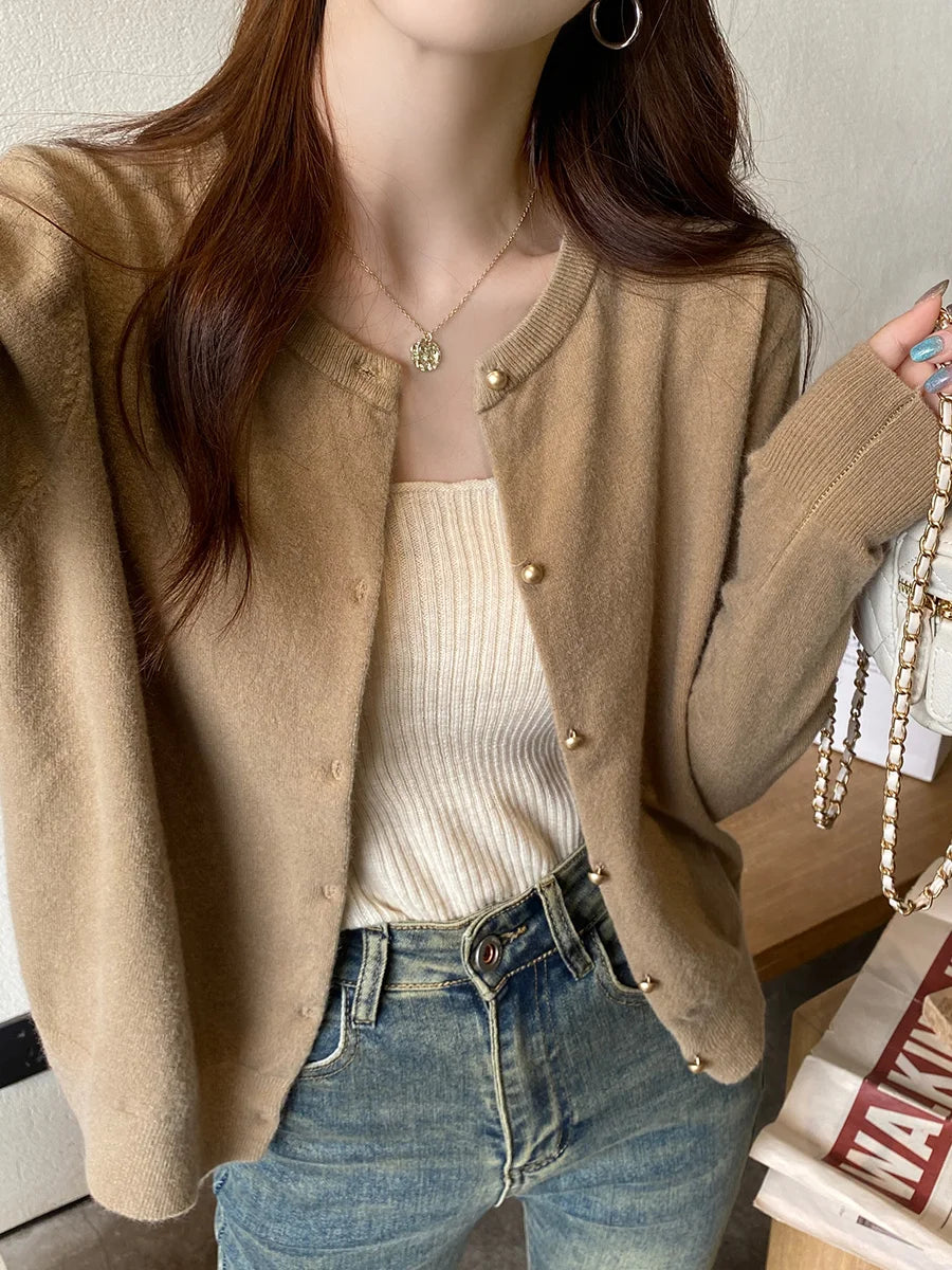 Solid Color Knitted for Women Cardigan Korean Single Breasted Long Sleeve Jumper Woman Round Neck All Match Cardigans Outwear