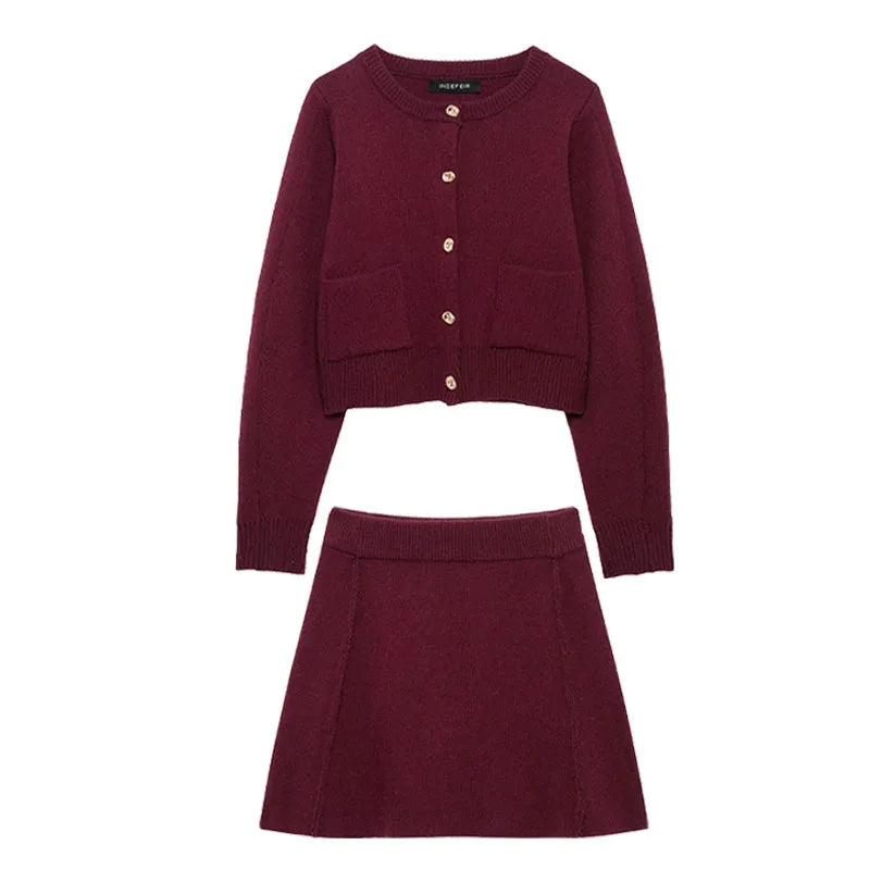 HH Women Skirt Suit Fashion O-Neck Knitted Long Sleeve Single Breasted Pocket Cardigan+Elastic Waist Slim Mini Skirt 3 Color