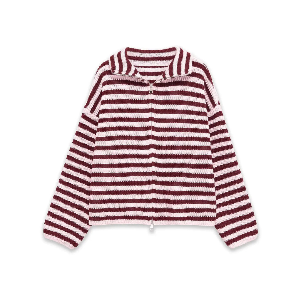 2026 New Spring Striped Loose Knit Cardigans Women Casual Turtleneck Zip-up Pink Sweater Coat Women Knitwear Streetwear