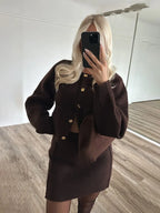 HH Women Skirt Suit Fashion O-Neck Knitted Long Sleeve Single Breasted Pocket Cardigan+Elastic Waist Slim Mini Skirt 3 Color