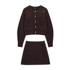 HH Women Skirt Suit Fashion O-Neck Knitted Long Sleeve Single Breasted Pocket Cardigan+Elastic Waist Slim Mini Skirt 3 Color