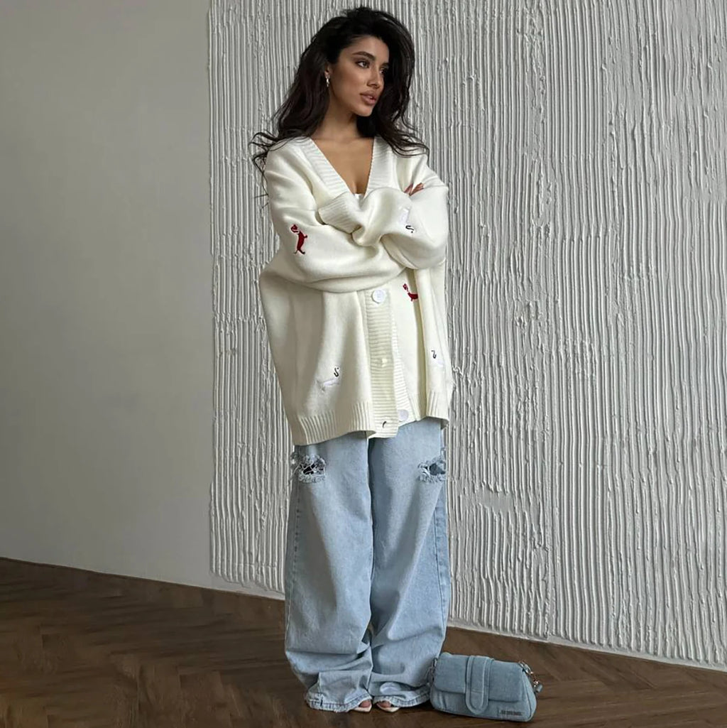 Zekye Cross-border Dachshund Embroidered Sweater Coat For Women Super Loose Soft Lazy Fashionable Knitted Cardigan Outerwear