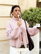 2026 New Spring Striped Loose Knit Cardigans Women Casual Turtleneck Zip-up Pink Sweater Coat Women Knitwear Streetwear