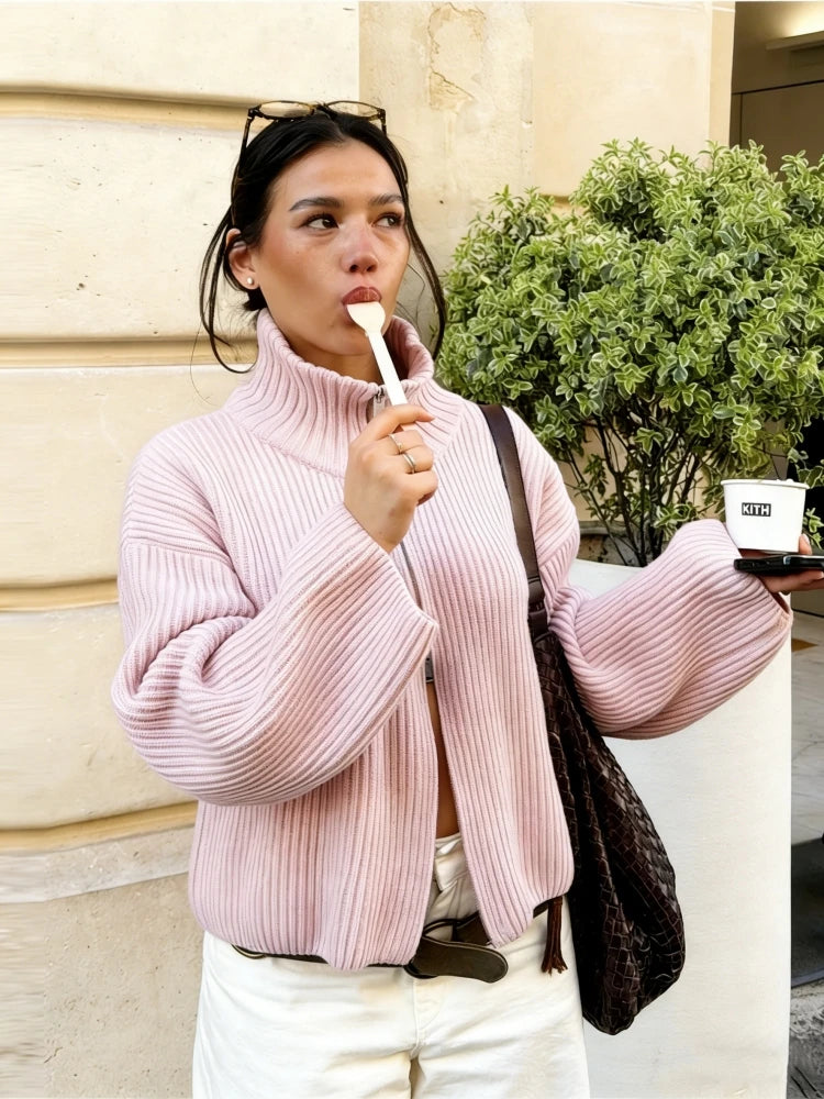 2026 New Spring Striped Loose Knit Cardigans Women Casual Turtleneck Zip-up Pink Sweater Coat Women Knitwear Streetwear