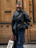 Short Faux Leather Trench Coat Long Sleeve Lapel Jacket