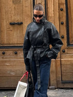 Short Faux Leather Trench Coat Long Sleeve Lapel Jacket