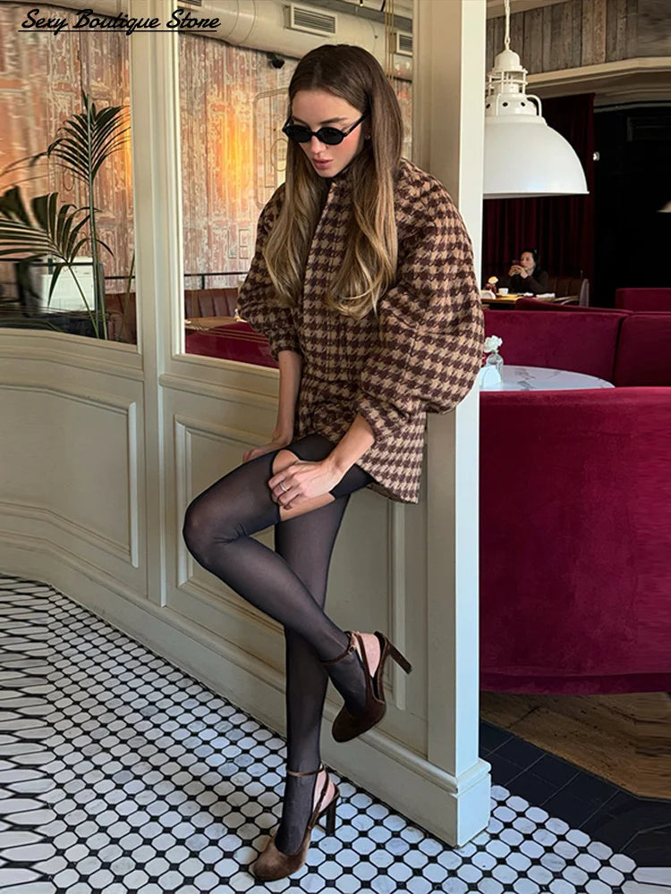 Vintage Brown Women Plaid Coat Short Sets 2 Piece Long Sleeve Lapel Jacket High Waist Slim Fit Short 2025 Lady Fashion Outifits