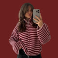 2026 New Spring Striped Loose Knit Cardigans Women Casual Turtleneck Zip-up Pink Sweater Coat Women Knitwear Streetwear