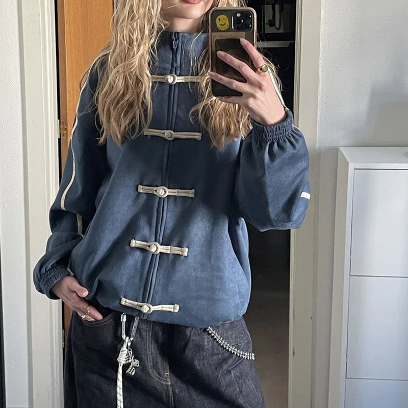 Women's Chinese Frog Button-down Loose Fit Jacket Y2k Vintage Zip Up Sweatshirt Funnel Neck Bomber Jacket Preppy Streetwear