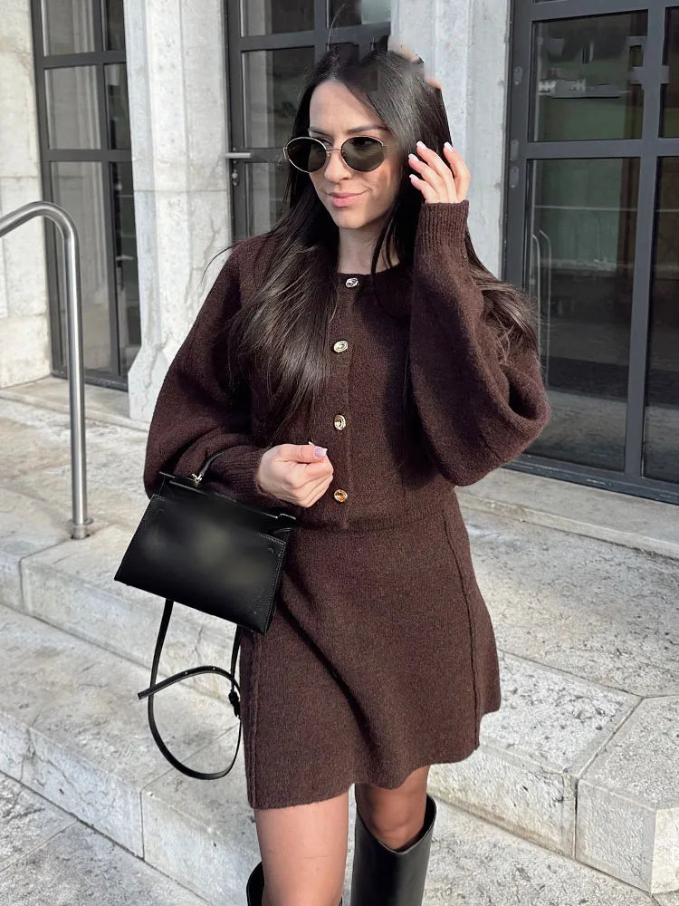 HH Women Skirt Suit Fashion O-Neck Knitted Long Sleeve Single Breasted Pocket Cardigan+Elastic Waist Slim Mini Skirt 3 Color