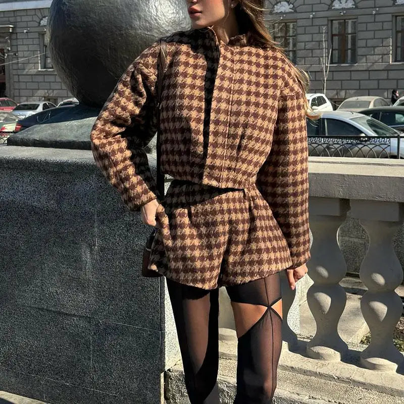 Plaid Coat Short Sets 2 Piece Long Sleeve Lapel Jacket