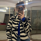 Women Zebra Print Faux Fur Cropped Jacket Lapel Collar Single‑breasted Plush Fuzzy Coat Loose Fit Short Outerwear Fall Winter