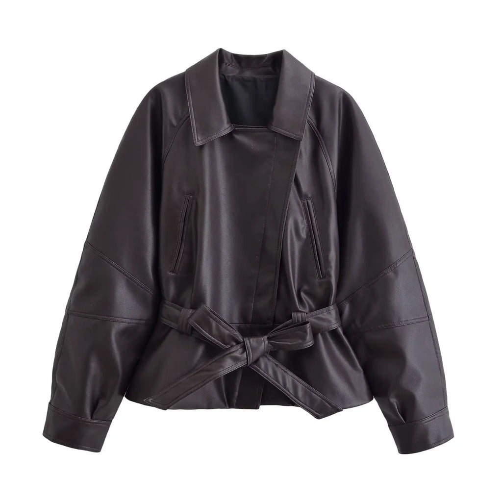 Short Faux Leather Trench Coat Long Sleeve Lapel Jacket