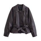 Short Faux Leather Trench Coat Long Sleeve Lapel Jacket