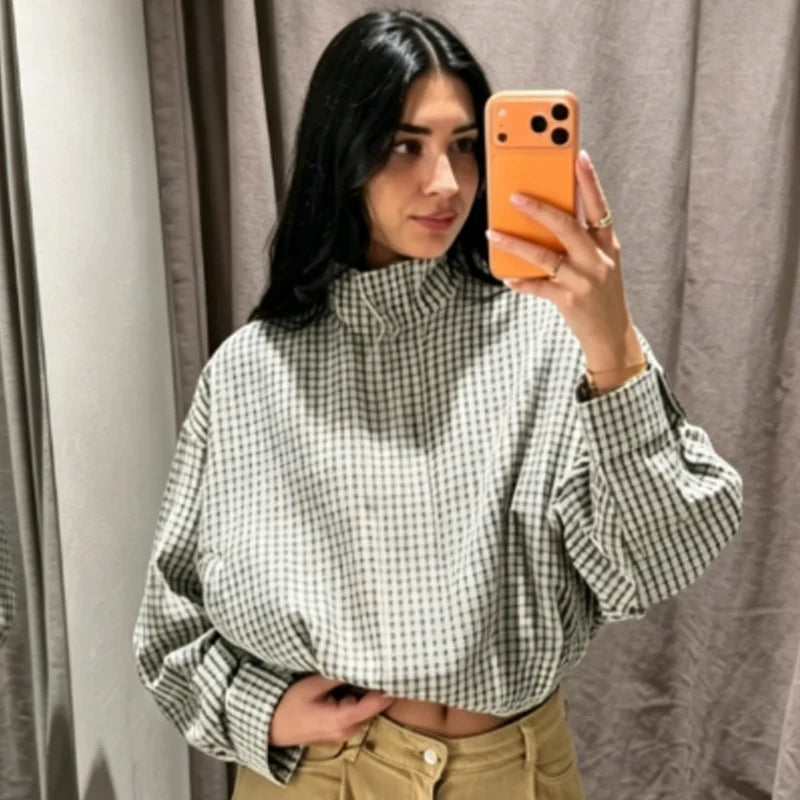 HXAO Plaid Bomber Jacket Women's Jacket Spring Autumn 2026 Crop Oversized Long Sleeve Top Casual Zipper Outerwear Outdoor Coats