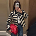 Women Zebra Print Faux Fur Cropped Jacket Lapel Collar Single‑breasted Plush Fuzzy Coat Loose Fit Short Outerwear Fall Winter