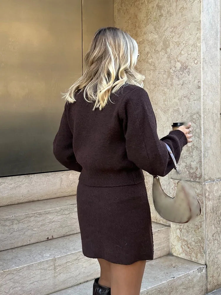 HH Women Skirt Suit Fashion O-Neck Knitted Long Sleeve Single Breasted Pocket Cardigan+Elastic Waist Slim Mini Skirt 3 Color
