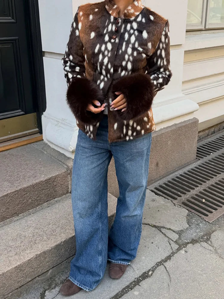 Vintage Faux Fur Cropped Jacket Women Deer Spot Print Stand Collar Dark Fur Cuff Button Up Short Coat Winter Street Outerwear