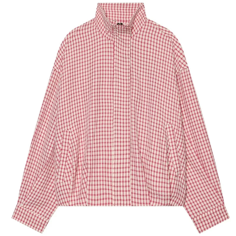 HXAO Plaid Bomber Jacket Women's Jacket Spring Autumn 2026 Crop Oversized Long Sleeve Top Casual Zipper Outerwear Outdoor Coats