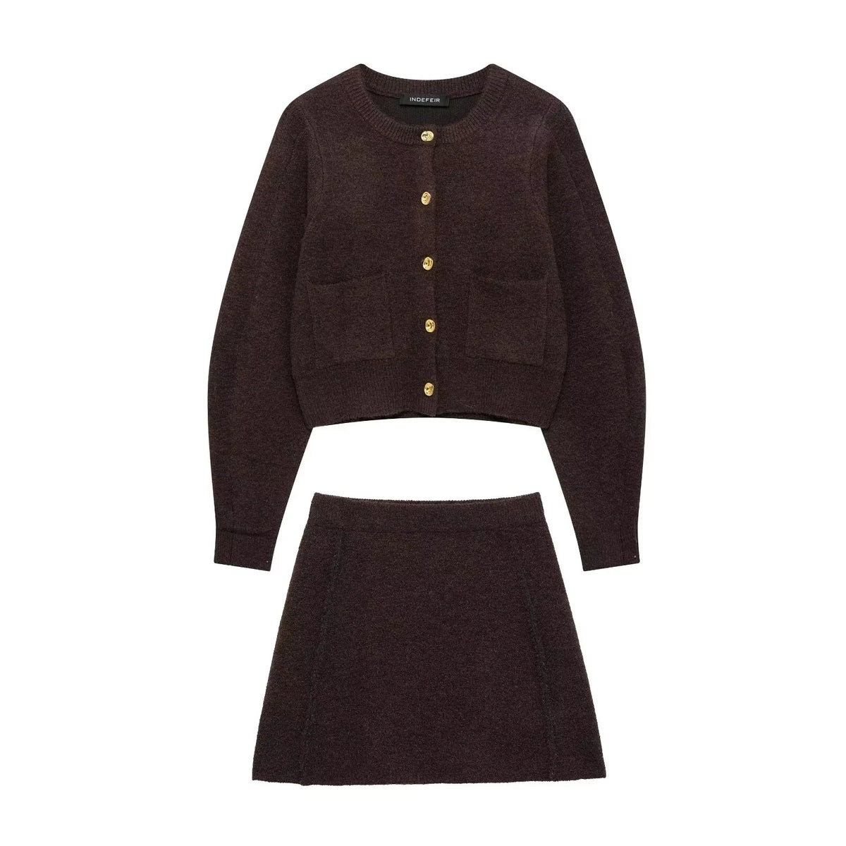 HH Women Skirt Suit Fashion O-Neck Knitted Long Sleeve Single Breasted Pocket Cardigan+Elastic Waist Slim Mini Skirt 3 Color