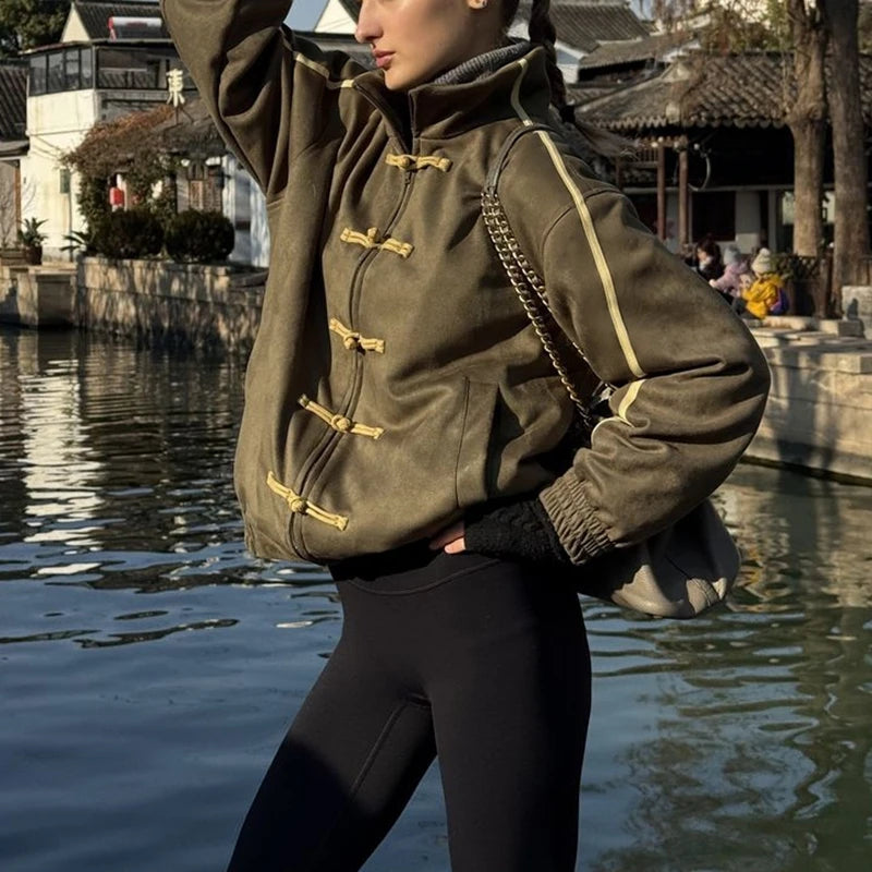 Women's Chinese Frog Button-down Loose Fit Jacket Y2k Vintage Zip Up Sweatshirt Funnel Neck Bomber Jacket Preppy Streetwear