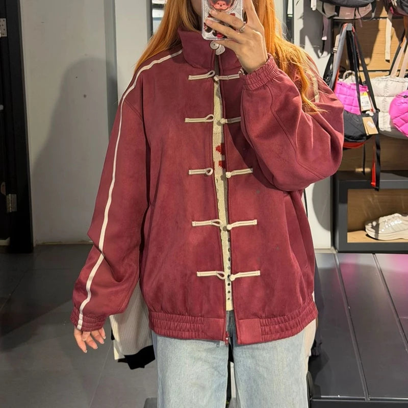Women's Chinese Frog Button-down Loose Fit Jacket Y2k Vintage Zip Up Sweatshirt Funnel Neck Bomber Jacket Preppy Streetwear