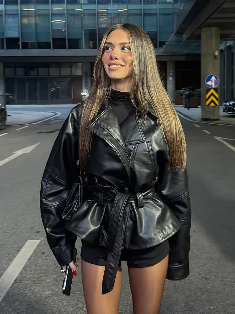 Short Faux Leather Trench Coat Long Sleeve Lapel Jacket