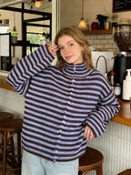 2026 New Spring Striped Loose Knit Cardigans Women Casual Turtleneck Zip-up Pink Sweater Coat Women Knitwear Streetwear