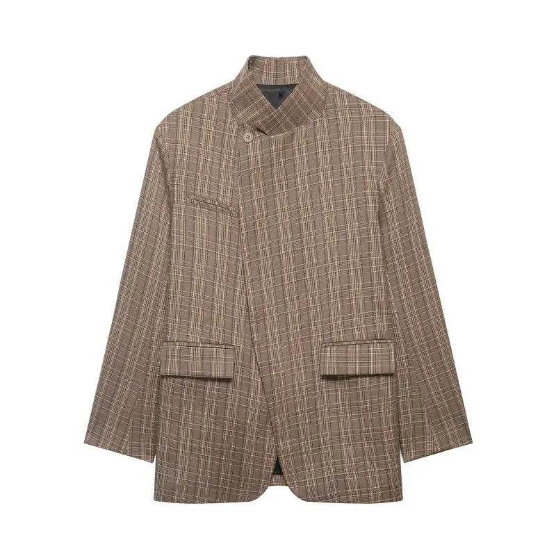 HH Women Fashion Plaid Blazer Coat Stand Collar Long Sleeve Jacket 2026 Spring Trend Casual Office Lady Chic Outerwear