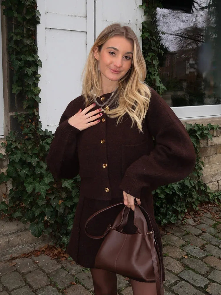 HH Women Skirt Suit Fashion O-Neck Knitted Long Sleeve Single Breasted Pocket Cardigan+Elastic Waist Slim Mini Skirt 3 Color