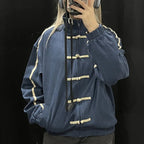 Women's Chinese Frog Button-down Loose Fit Jacket Y2k Vintage Zip Up Sweatshirt Funnel Neck Bomber Jacket Preppy Streetwear